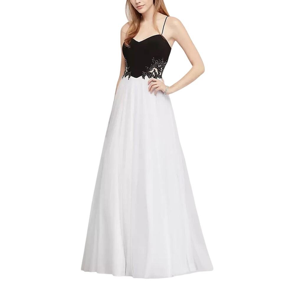 Blondie Nites Beaded Tulle A-Line Evening Gown Blue and White Size 9 Dress